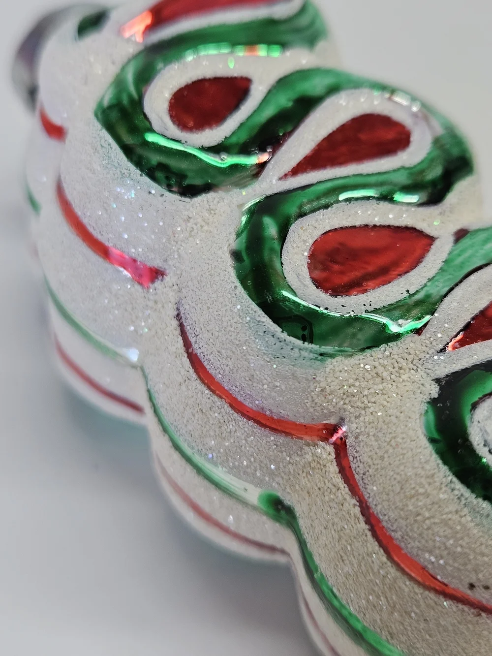 VINTAGE Rauch Red & Green Christmas Ribbon Candy Glitter Glass Ornament